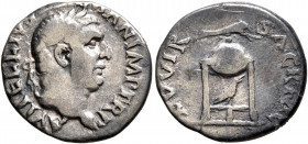 Vitellius, 69. Denarius (Silver, 18 mm, 2.87 g, 5 h), Rome. A VITELLIVS GERMAN IMP TR P Laureate head of Vitellius to right. Rev. XV VIR SACR FAC Trip...