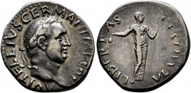 Vitellius, 69. Denarius (Silver, 19 mm, 3.20 g, 6 h), Rome, late April-20 December 69. A VITELLIVS GERMAN IMP TR P Laureate head of Vitellius to right...