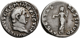 Vitellius, 69. Denarius (Silver, 19 mm, 3.34 g, 6 h), Rome, late April-20 December 69. A VITELLIVS GERM IMP AVG TR P Laureate head of Vitellius to rig...
