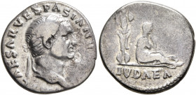 Vespasian, 69-79. Denarius (Silver, 17 mm, 2.83 g, 6 h), Rome, 69-70. [IMP] CAESAR VESPASIANV[S AVG] Laureate head of Vespasian to right. Rev. IVDAEA ...