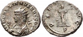 Gallienus, 253-268. Antoninianus (Silvered bronze, 21 mm, 4.36 g, 6 h), Mediolanum, 266. IMP GALLIENVS AVG COS VI Radiate bust of Gallienus to left in...