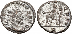 Postumus, Romano-Gallic Emperor, 260-269. Antoninianus (Silvered bronze, 19 mm, 3.66 g, 5 h), Mediolanum, struck under Aureolus, 267-268. [IMP PO]STVM...