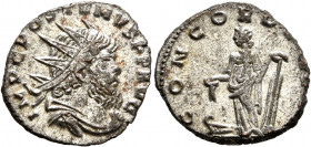 Postumus, Romano-Gallic Emperor, 260-269. Antoninianus (Silvered bronze, 19 mm, 3.14 g, 6 h), Mediolanum, struck under Aureolus, 267-268. IMP C POSTVM...