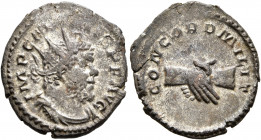 Marius, Romano-Gallic usurper, 269. Antoninianus (Silvered bronze, 21 mm, 3.37 g, 1 h), Treveri. IMP C MARIVS P F AVG Radiate, draped and cuirassed bu...