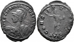 Probus, 276-282. Antoninianus (Bronze, 23 mm, 3.09 g, 12 h), Siscia, 278. IMP C M AVR PROBUS P AVG Radiate and helmeted bust of Probus to left, heroic...