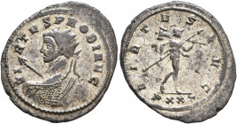 Probus, 276-282. Antoninianus (Silvered bronze, 25 mm, 4.01 g, 6 h), Ticinum, 278. VIRTVS PROBI AVG Radiate bust of Probus to left, heroically nude an...