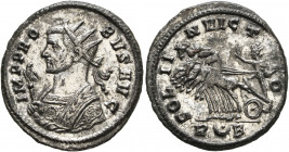 Probus, 276-282. Antoninianus (Silvered bronze, 22 mm, 3.59 g, 6 h), Rome, 279. IMP PROBVS AVG Radiate bust of Probus to left in consular robes, holdi...