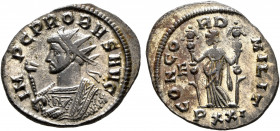 Probus, 276-282. Antoninianus (Silvered bronze, 24 mm, 3.74 g, 11 h), Ticinum, 281. IMP C PROBVS AVG Radiate bust of Probus to left, wearing imperial ...