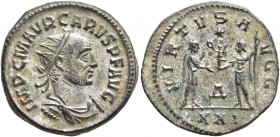 Carus, 282-283. Antoninianus (Silvered bronze, 21 mm, 4.17 g, 12 h), Antiochia. IMP C M AVR CARVS P F AVG Radiate, draped and cuirassed bust of Carus ...