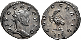 Divus Carus, died 283. Antoninianus (Silvered bronze, 21 mm, 3.52 g, 6 h), Lugdunum, 284. DIVO CARO PIO Radiate head of Divus Carus to right. Rev. CON...