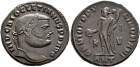 Diocletian, 284-305. Follis (Bronze, 26 mm, 9.78 g, 12 h), Antiochia, circa 300-301. IMP C DIOCLETIANVS P F AVG Laureate head of Diocletian to right. ...