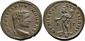 Galerius, as Caesar, 293-305. Follis (Bronze, 27 mm, 10.94 g, 6 h), Treveri, 296-297. MAXIMIANVS NOB CAES Laureate head of Galerius to right. Rev. GEN...