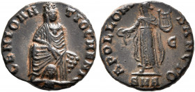 Time of Maximinus II, 310-313. Follis (Bronze, 14 mm, 1.65 g, 5 h), ‘Persecution’ issue, Antiochia. GENIO AN-TIOCHENI Tyche of Antiochia seated facing...