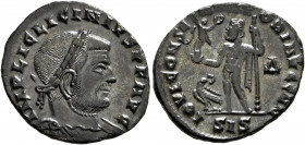 Licinius I, 308-324. Follis (Bronze, 22 mm, 3.05 g, 6 h), Siscia, early 313. IMP LIC LICINIVS P F AVG Laureate and cuirassed bust of Licinius I to rig...