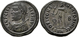 Licinius I, 308-324. Follis (Bronze, 18.5 mm, 2.69 g, 12 h), Cyzicus, 317-320. IMP LICINIVS AVG Laureate and draped bust of Licinius I to left, holdin...