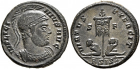 Licinius I, 308-324. Follis (Bronze, 19 mm, 2.89 g, 6 h), Siscia, 320. IMP LICINIVS AVG Cuirassed bust of Licinius I to right, wearing crested Attic h...
