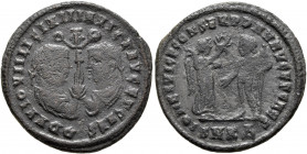 Licinius I, with Licinius II as Caesar, 308-324. Follis (Bronze, 22 mm, 3.35 g, 11 h), Cyzicus, 320-321. D D N N IOVII LICINII INVICT AVG ET CAES Half...