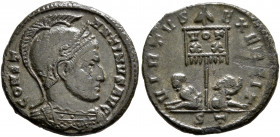 Constantine I, 307/310-337. Follis (Bronze, 18.5 mm, 2.58 g, 6 h), Ticinum, 319-320. CONSTANTINVS AVG Cuirassed bust of Constantine I to right, wearin...
