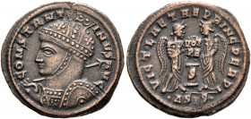 Constantine I, 307/310-337. Follis (Bronze, 20 mm, 2.62 g, 6 h), Siscia, 319. CONSTANTINVS AVG Helmeted and cuirassed bust of Constantine to left, hol...