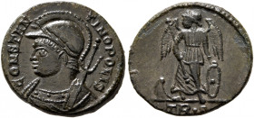 Commemorative Series, 330-354. Follis (Bronze, 16 mm, 2.00 g, 12 h), Treveri, 330-331. CONSTANTINOPOLIS Helmeted, laureate and mantled bust of Constan...