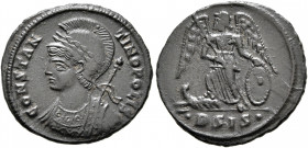 Commemorative Series, 330-354. Follis (Bronze, 19 mm, 2.45 g, 7 h), Siscia, 334-335. CONSTANTINOPOLIS Helmeted, laureate and mantled bust of Constanti...