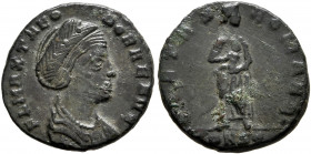 Theodora, died before 337. Follis (Bronze, 15 mm, 1.81 g, 12 h), Constantinopolis, 330. FL MAX THEODORAE AVG Diademed and draped bust of Theodora to r...
