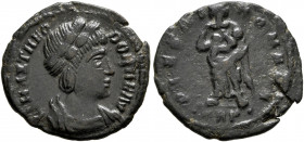 Theodora, died before 337. Follis (Bronze, 17 mm, 1.69 g, 6 h), Treveri, September 337-spring 340. FL MAX THEODORAE AVG Laureate and draped bust of Th...