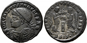 Crispus, Caesar, 316-326. Follis (Bronze, 19 mm, 2.00 g, 6 h), Siscia, 319. IVL CRISPVS NOB CAESAR Laureate and cuirassed bust of Crispus to left, hol...