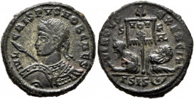 Crispus, Caesar, 316-326. Follis (Bronze, 20 mm, 3.74 g, 12 h), Siscia, 320. IVL CRISPVS NOB CAES Laureate and cuirassed bust of Crispus to left, hold...
