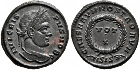 Crispus, Caesar, 316-326. Follis (Bronze, 19 mm, 3.00 g, 6 h), Siscia, 320-321. IVL CRISPVS NOB C Laureate head of Crispus to right. Rev. CAESARVM NOS...
