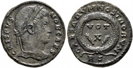 Crispus, Caesar, 316-326. Follis (Bronze, 18 mm, 2.75 g, 6 h), Rome, 322. CRISPVS NOB CAES Laureate head of Crispus to right. Rev. CAESARVM NOSTRORVM ...