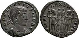 Delmatius, Caesar, 335-337. Follis (Bronze, 19 mm, 1.80 g, 12 h), Thessalonica, 336-337. FL DALMATIVS NOB C Laureate, draped and cuirassed bust of Del...
