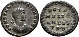 Constantine II, as Caesar, 316-337. Follis (Bronze, 18 mm, 3.12 g, 6 h), Thessalonica, 318-319. CONSTANTINVS IVN NOB C Laureate and cuirassed bust of ...