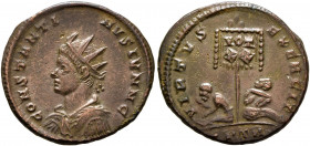 Constantine II, as Caesar, 316-337. Follis (Bronze, 19 mm, 2.79 g, 12 h), Treveri, 321. CONSTANTINVS IVN N C Radiate, draped and cuirassed bust of Con...