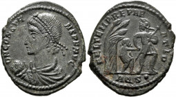 Constans, 337-350. Follis (Bronze, 23 mm, 4.54 g, 12 h), Aquileia, 348-350. D N CONSTANS P F AVG Pearl-diademed, draped and cuirassed bust of Constans...