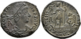 Constans, 337-350. Follis (Bronze, 24 mm, 6.46 g, 11 h), Aquileia, 348-350. D N CONSTANS P F AVG Pearl-diademed, draped and cuirassed bust of Constans...