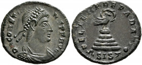 Constans, 337-350. Follis (Bronze, 19 mm, 2.66 g, 6 h), Siscia, 348-350. D N CONSTANS P F AVG Pearl-diademed, draped and cuirassed bust of Constans to...