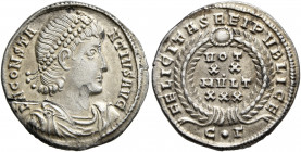 Constantius II, 337-361. Siliqua (Silver, 19 mm, 3.05 g, 12 h), Constantinopolis, 340-351. D N CONSTA-NTIVS AVG Pearl-diademed, draped and cuirassed b...