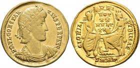 Constantius II, 337-361. Solidus (Gold, 21 mm, 4.54 g, 12 h), Nicomedia, 342/3 or 347/8. FL IVL CONSTAN-TIVS PERP AVG Laurel-and-rosette-diademed, dra...