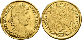 Constantius II, 337-361. Solidus (Gold, 21 mm, 4.00 g, 6 h), Nicomedia, 342/3 or 347/8. FL IVL CONSTANTIVS PERP AVG Pearl-diademed, draped and cuirass...