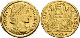 Constantius II, 337-361. Solidus (Gold, 21 mm, 4.38 g, 11 h), Antiochia, 342/3 or 347/8. FL IVL CONSTANTIVS PERP AVG Pearl-diademed, draped and cuiras...