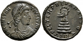 Constantius II, 337-361. Follis (Bronze, 18.5 mm, 2.73 g, 6 h), Siscia, 348-350. D N CONSTANTIVS P F AVG Pearl-diademed, draped and cuirassed bust of ...