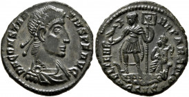 Constantius II, 337-361. Follis (Bronze, 18.5 mm, 2.85 g, 6 h), Siscia, 348-350. D N CONSTANTIVS P F AVG Pearl-diademed, draped and cuirassed bust of ...