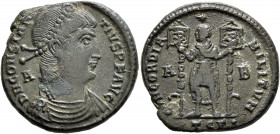 Constantius II, 337-361. Follis (Bronze, 23 mm, 6.00 g, 6 h), Thessalonica, 350. D N CONSTANTIVS P F AVG Pearl-diademed, draped and cuirassed bust of ...