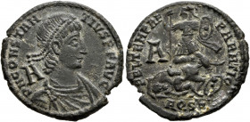 Constantius II, 337-361. Follis (Bronze, 25 mm, 6.06 g, 11 h), Aquileia, 350-352. D N CONSTANTIVS P F AVG Pearl-diademed, draped and cuirassed bust of...