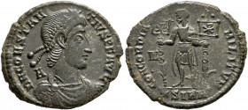 Constantius II, as Caesar, 324-337. Follis (Bronze, 24 mm, 4.76 g, 6 h), Sirmium, 351-355. D N CONSTANTIVS P F AVG Pearl-diademed, draped and cuirasse...