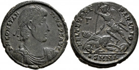 Constantius II, 337-361. Follis (Bronze, 23.5 mm, 5.61 g, 11 h), Nicomedia, 351-355. D N CONSTANTIVS P F AVG Pearl-diademed, draped and cuirassed bust...