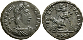 Constantius II, 337-361. Follis (Bronze, 18 mm, 2.40 g, 12 h), Siscia, 351-355. D N CONSTANTIVS P F AVG Pearl-diademed, draped and cuirassed bust of C...