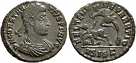 Constantius II, 337-361. Follis (Bronze, 19 mm, 2.21 g, 1 h), Siscia, 351-355. D N CONSTANTIVS P F AVG Pearl-diademed, draped and cuirassed bust of Co...