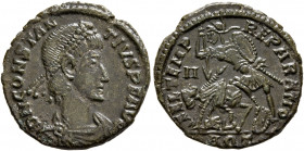Constantius II, 337-361. Follis (Bronze, 18 mm, 2.22 g, 12 h), Aquileia, 352-355. D N CONSTANTIVS P F AVG Pearl-diademed, draped and cuirassed bust of...
